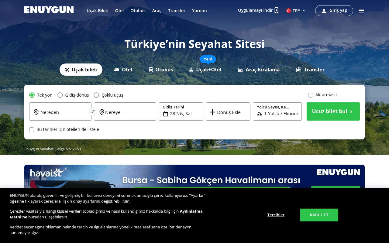 Screenshot of enuygun.com